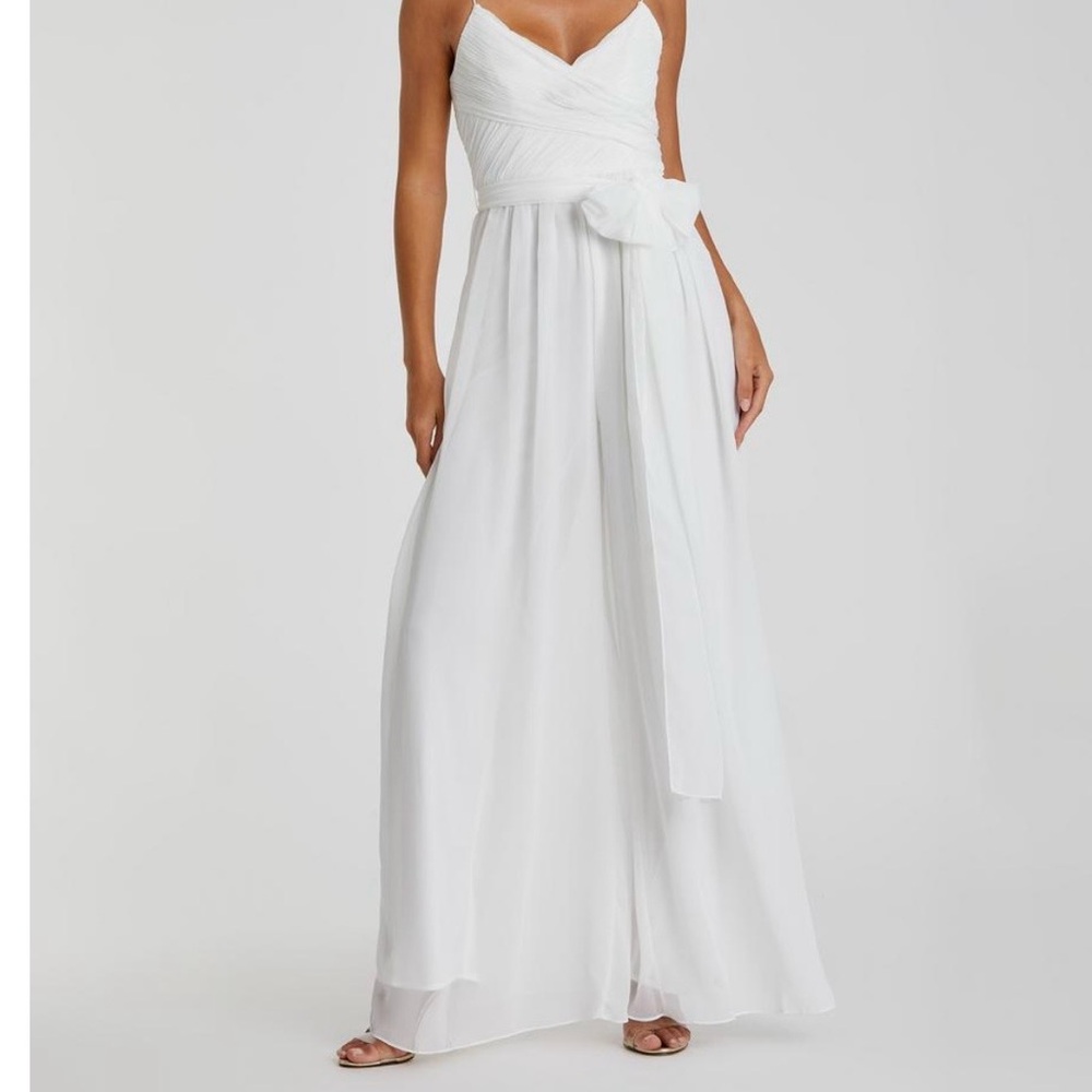 Mac Duggal White Strapless Chiffon Wide-Leg Jumpsuit with Sash